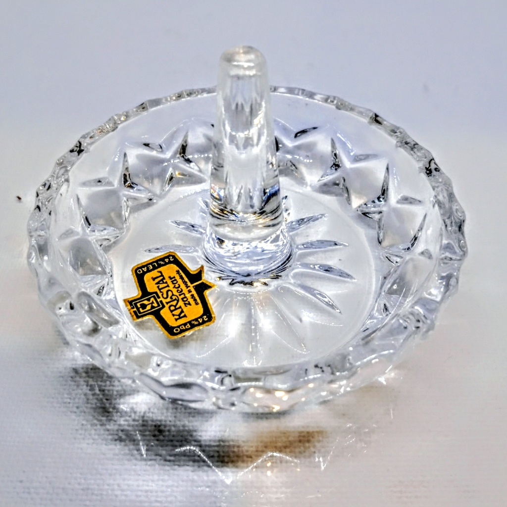 Vtg 70s-80s 24% Lead Crystal Ornate Design Ring Jewelry Holder Nice Condition